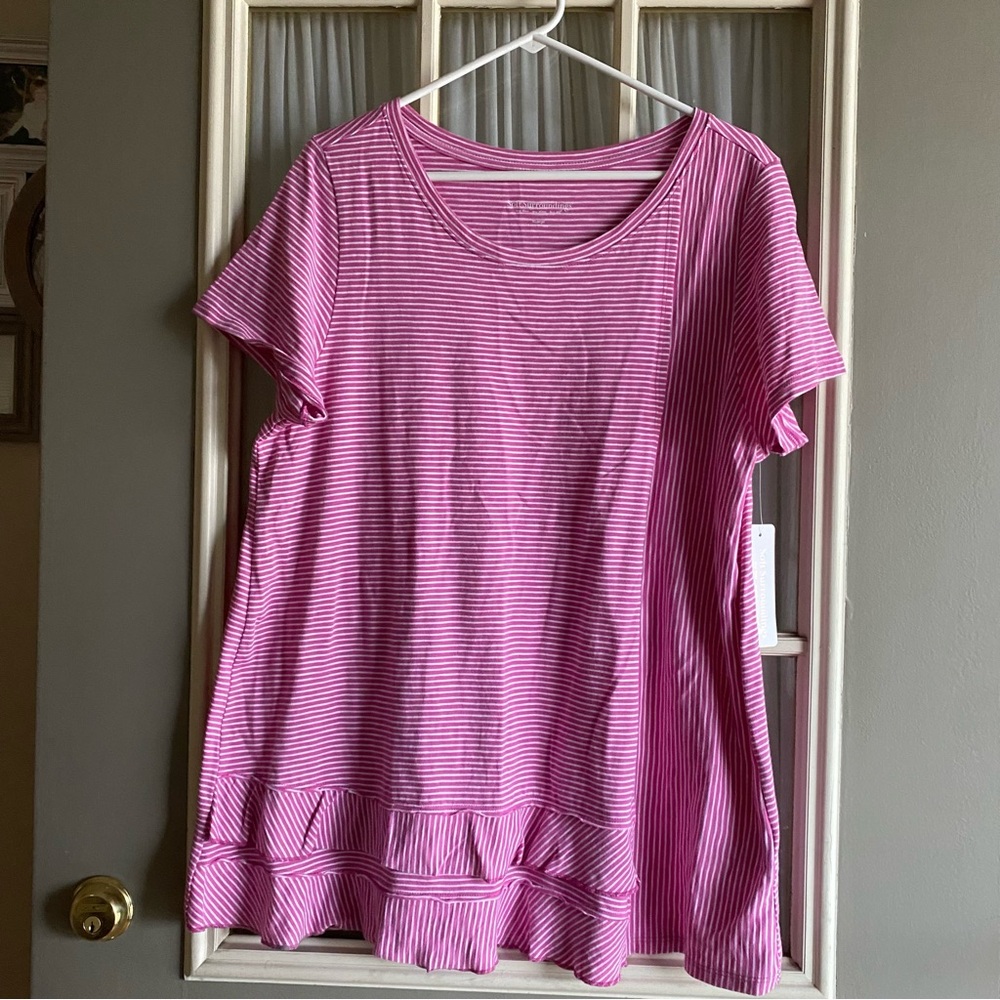 Soft Surroundings Pink Striped Ruffled Short Sleeve T-Shirt